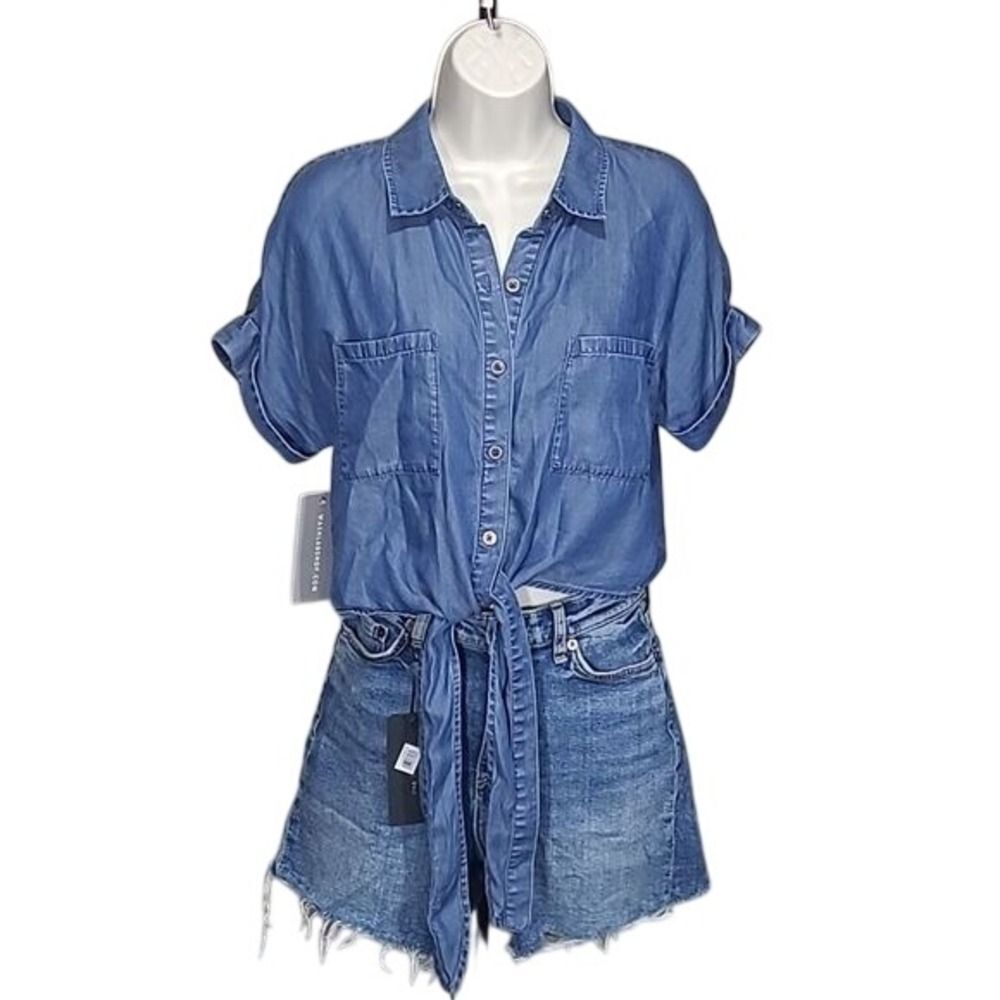 Lyocell WASH LAB Tie Front Shirt W/S Blue NWT WL1432T Short Sleeve - Picture 2 of 10
